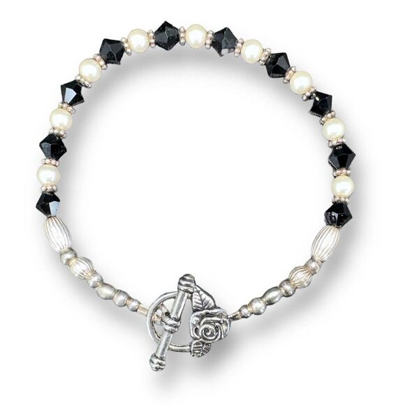 Sterling Silver Beaded Womens Bracelet Sz 8 Black Glass Faux Pearl Toggle Clasps - Picture 1 of 6